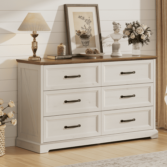 Hommpa Farmhouse White 6 Drawers Dresser for Bedroom, 50.8" Wide Wood Rustic Chest of Drawers TV Stand Dresser for Closet, Storage Dresser Organizer for Living Room, Hallway, Entryway, Home