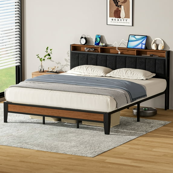 Lusimo California King Bed Frame with Headboard and Charging Station, Modern Fabric Upholstered Metal Platform Bed Frame with Headboard Storage Shelf No Box Spring Needed, Black