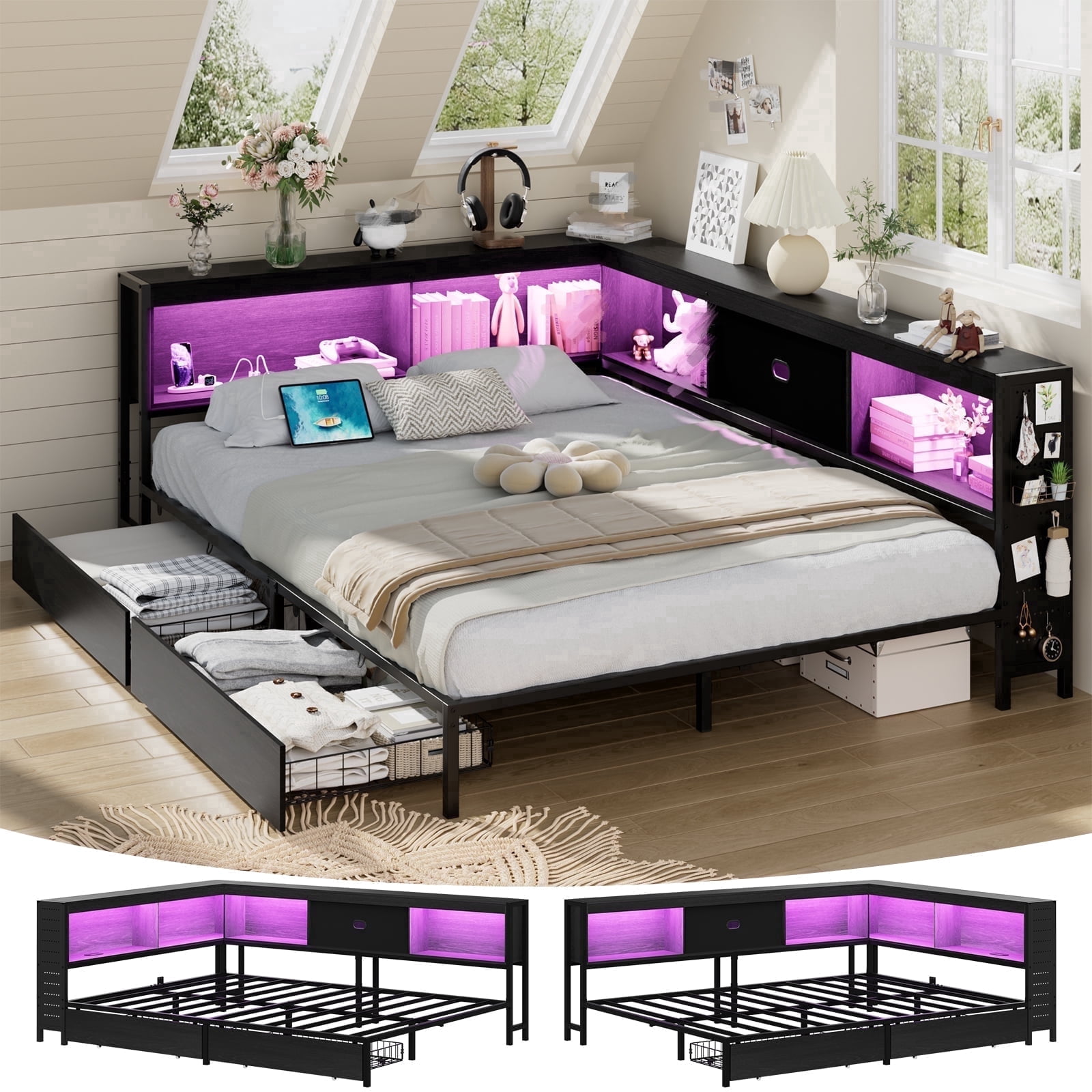 Lusimo Full Corner Bed Frame with Bookcase Storage and LED Lights & Charging Station, Metal Platform Bed Frame with Storage Drawers Underneath for Bedroom, Black