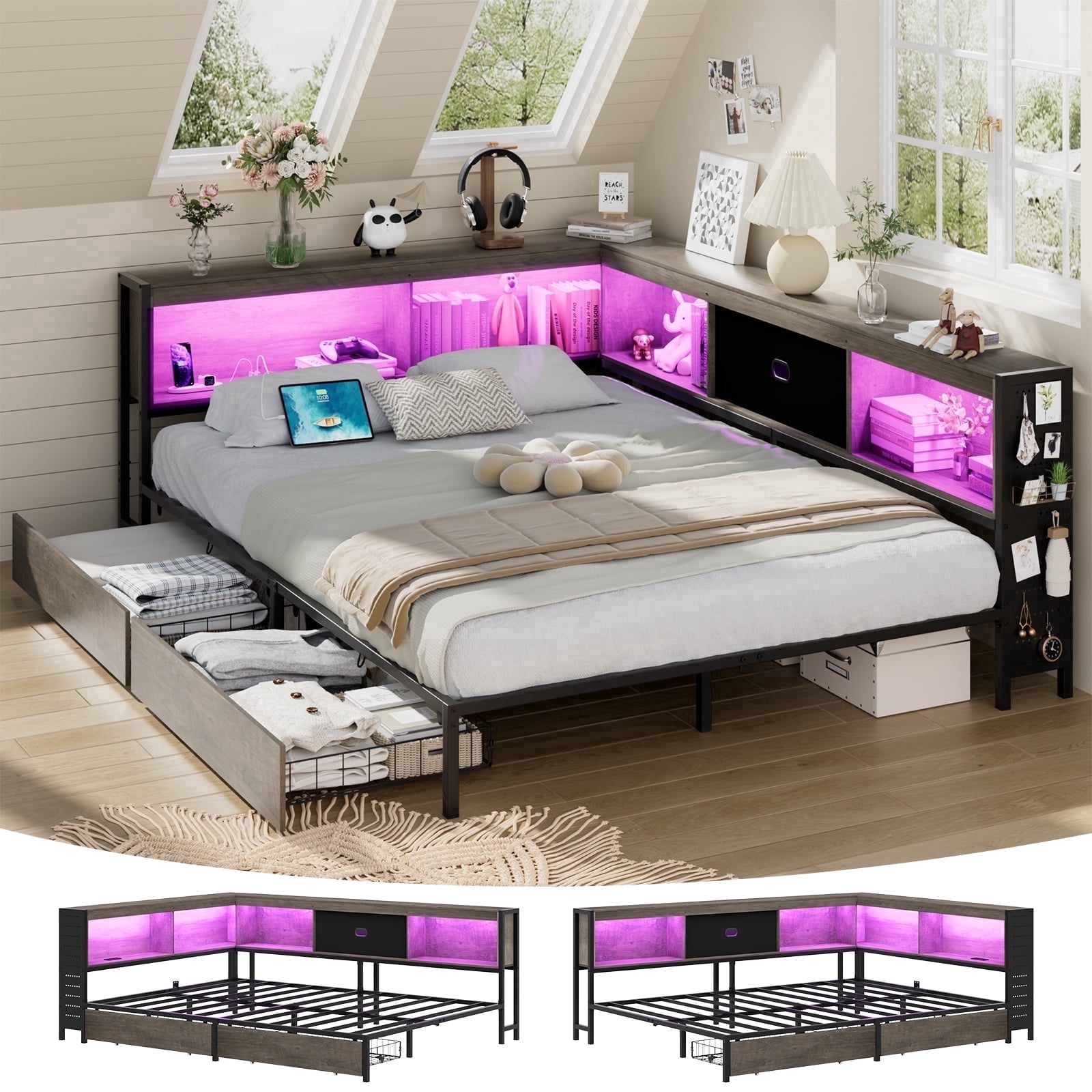 Lusimo Full Corner Bed Frame with Bookcase Storage and LED Lights & Charging Station, Metal Platform Bed Frame with Storage Drawers Underneath for Bedroom, Gray