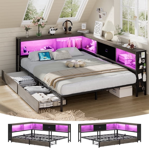 Lusimo Full Corner Bed Frame with Bookcase Storage and LED Lights & Charging Station, Metal Platform Bed Frame with Storage Drawers Underneath for Bedroom, Gray
