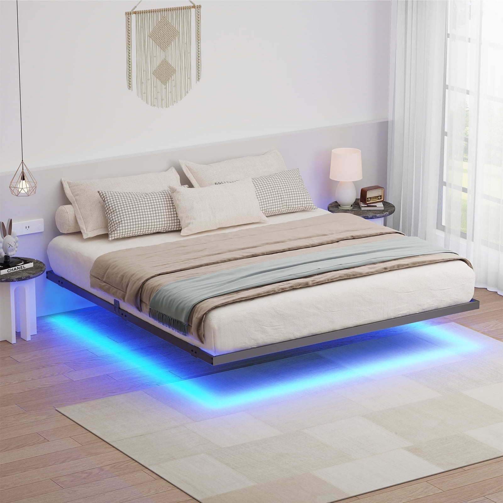 King Black Metal Floating Bed Frame with LED Lights