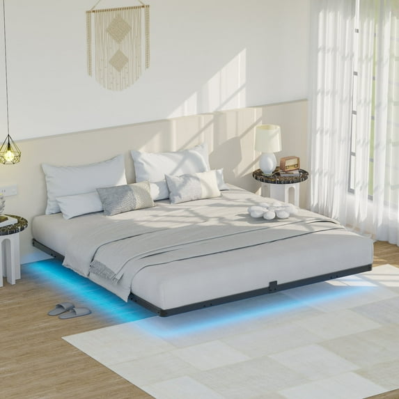 Lusimo Floating Bed Frame with LED Lights King Size Metal Platform Bed Frame with 6.1" Under Bed Storage Space No Box Spring Needed, Black