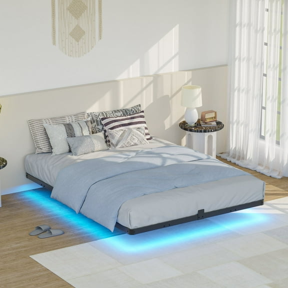 Lusimo Floating Bed Frame with LED Lights Queen Size Metal Platform Bed Frame with 6.1" Under Bed Storage Space No Box Spring Needed, Black