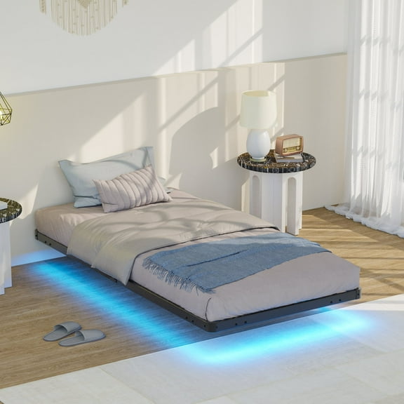 Lusimo Floating Bed Frame with LED Lights Twin Size Metal Platform Bed Frame with 6.1" Under Bed Storage Space No Box Spring Needed, Black