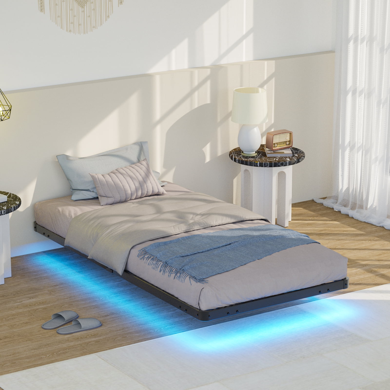 Lusimo Floating Bed Frame with LED Lights Twin Size Metal Platform Bed Frame with 6.1" Under Bed Storage Space No Box Spring Needed, Black