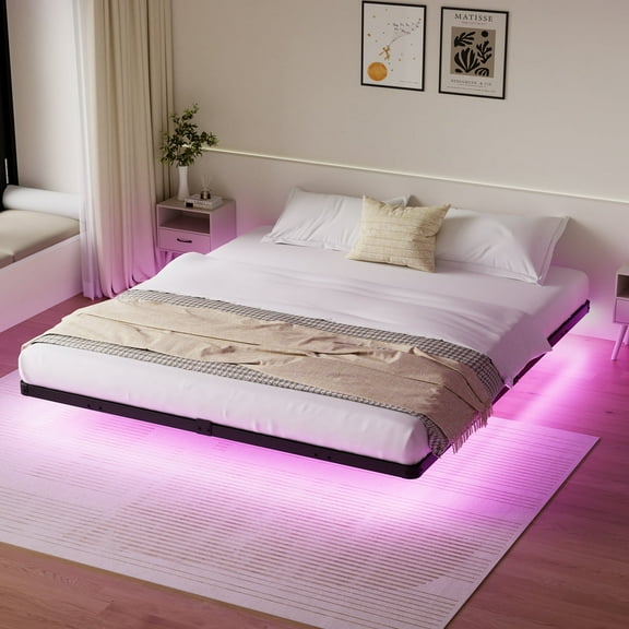 Lusimo California King Size Floating Bed Frame with Mattress Slip Guard, Metal Platform Bed Frames Cal King with Steel Slat Support, No Box Spring Needed, Black