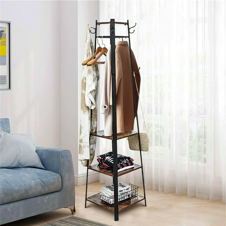 Lusimo Rustic Brown Freestanding Coat Rack with Shelves, Hooks