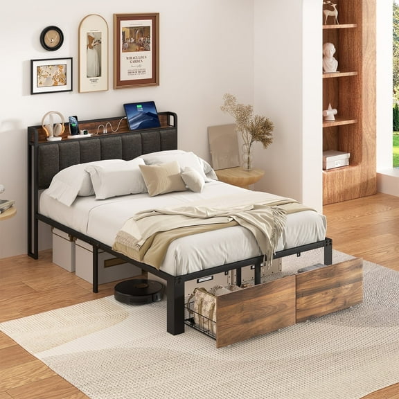 Lusimo Full Bed Frame with 2 Storage Drawers, Metal Platform Bed with Charging Station and Fabric Upholstered Headboard Storage Shelf Heavy Duty with Steel Slat Support No Box Spring Needed, Grey