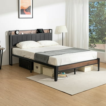 Lusimo Bed Frame Full, Metal Platform Bed with Fabric Upholstered Headboard and Charging Station No Box Spring Needed  Easy Assembly, Gray