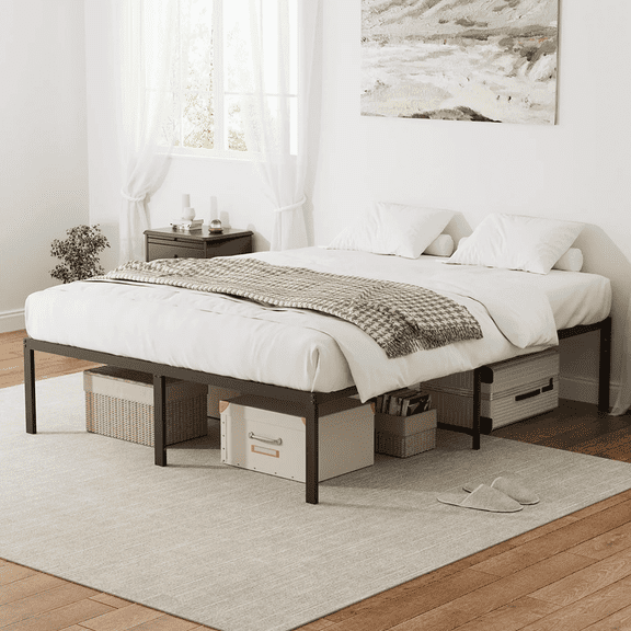 Lusimo Full Size Bed Frame 18 inch Heavy Duty Platform Metal Bed Frame Full with Attach Headboard Hole Anti Slip Support Mattress Foundation, Black