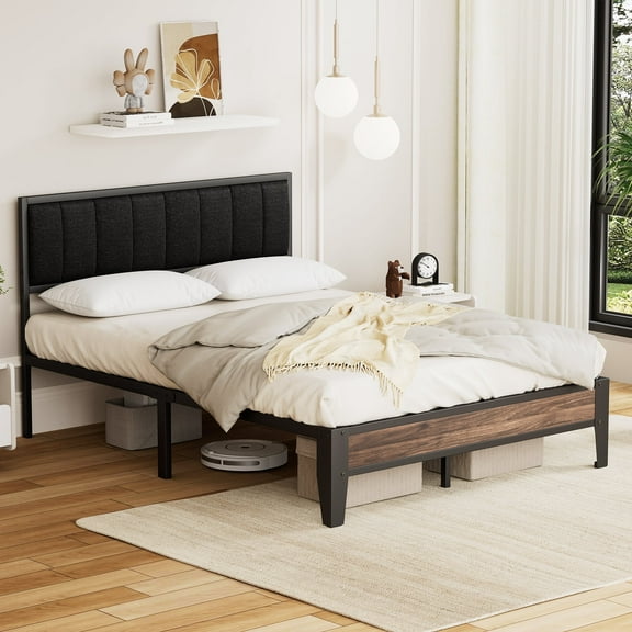 Lusimo Full Size Bed Frame with Upholstered Headboard and Under-Bed Storage No Box Spring Needed, Black