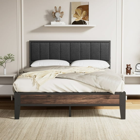 Lusimo Full Size Bed Frame with Upholstered Headboard and Under-Bed Storage No Box Spring Needed, Dark Gray
