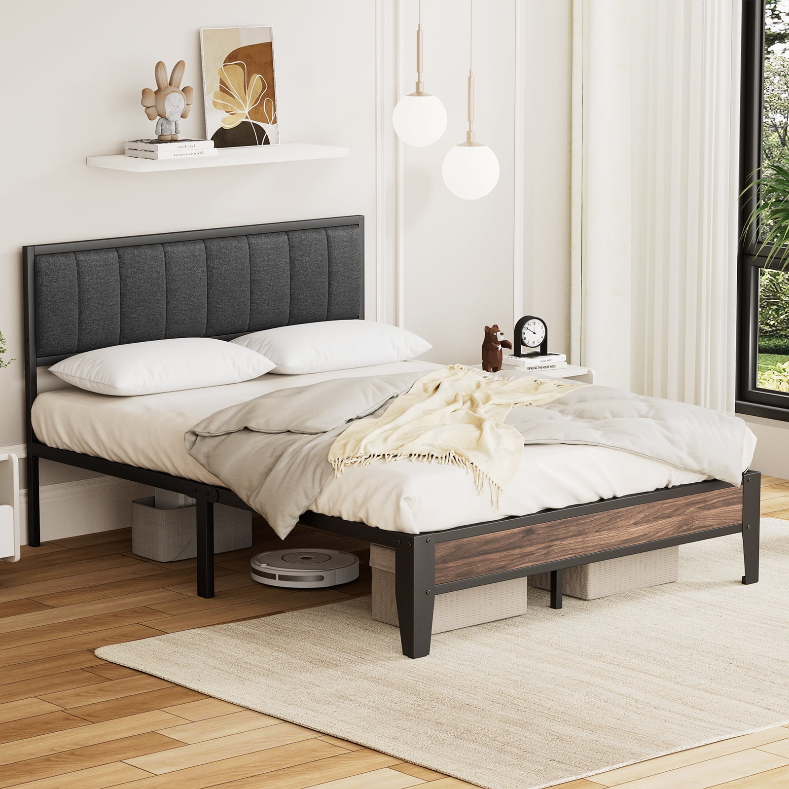 Lusimo Full Size Bed Frame with Upholstered Headboard and Under-Bed Storage No Box Spring Needed, Dark Gray