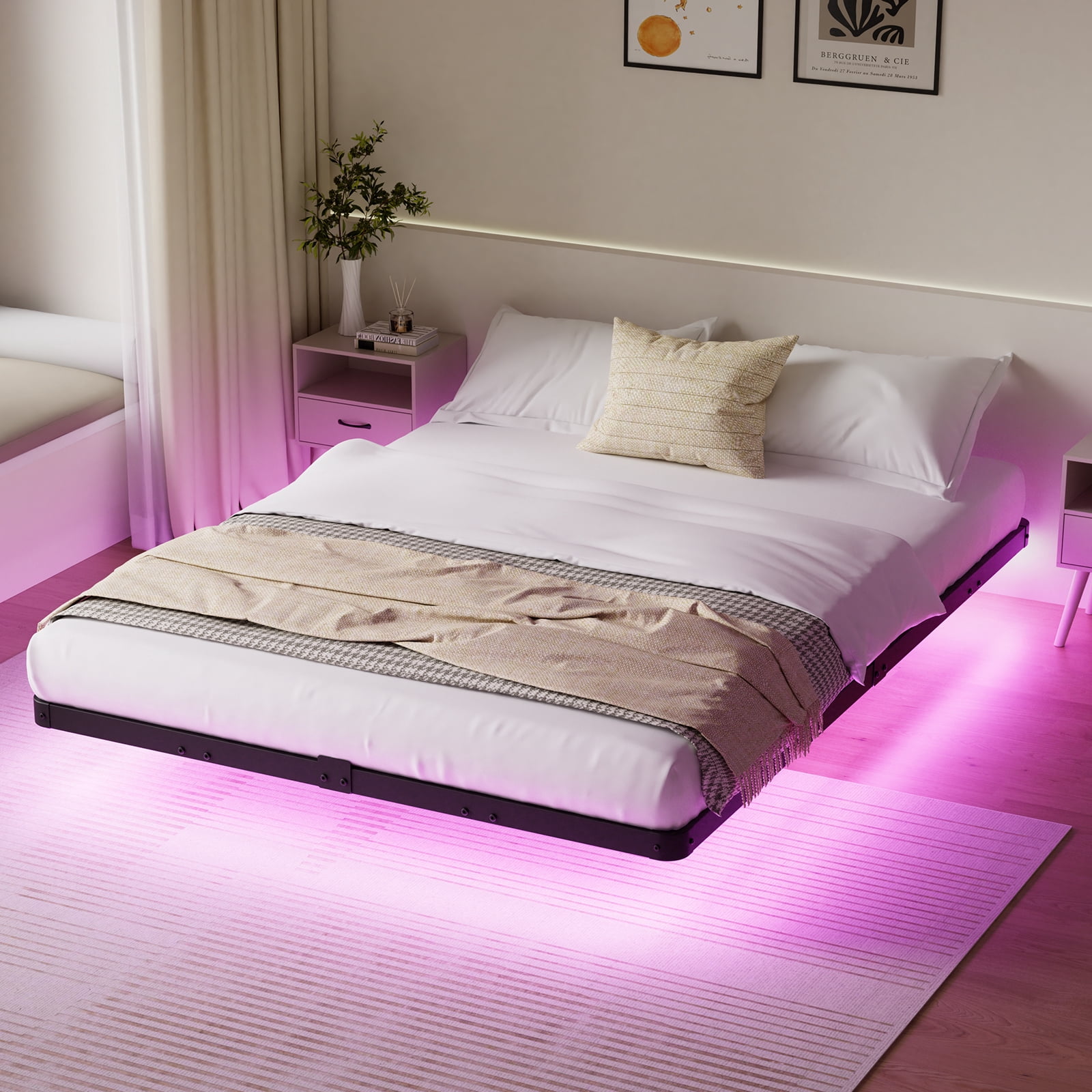 Lusimo Full Size Floating Bed Frame with LED Lights and Mattress Slip ...