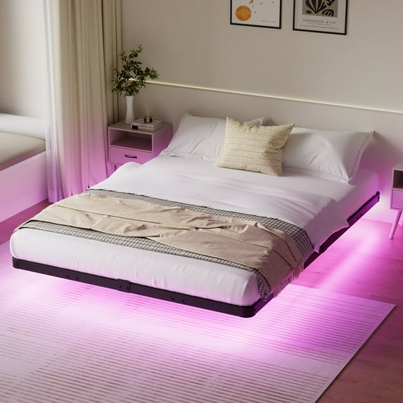Lusimo Full Size Floating Bed Frame with LED Lights and Mattress Slip Guard, Metal Platform Bed Frames Full with Steel Slat Support, No Box Spring Needed, Black