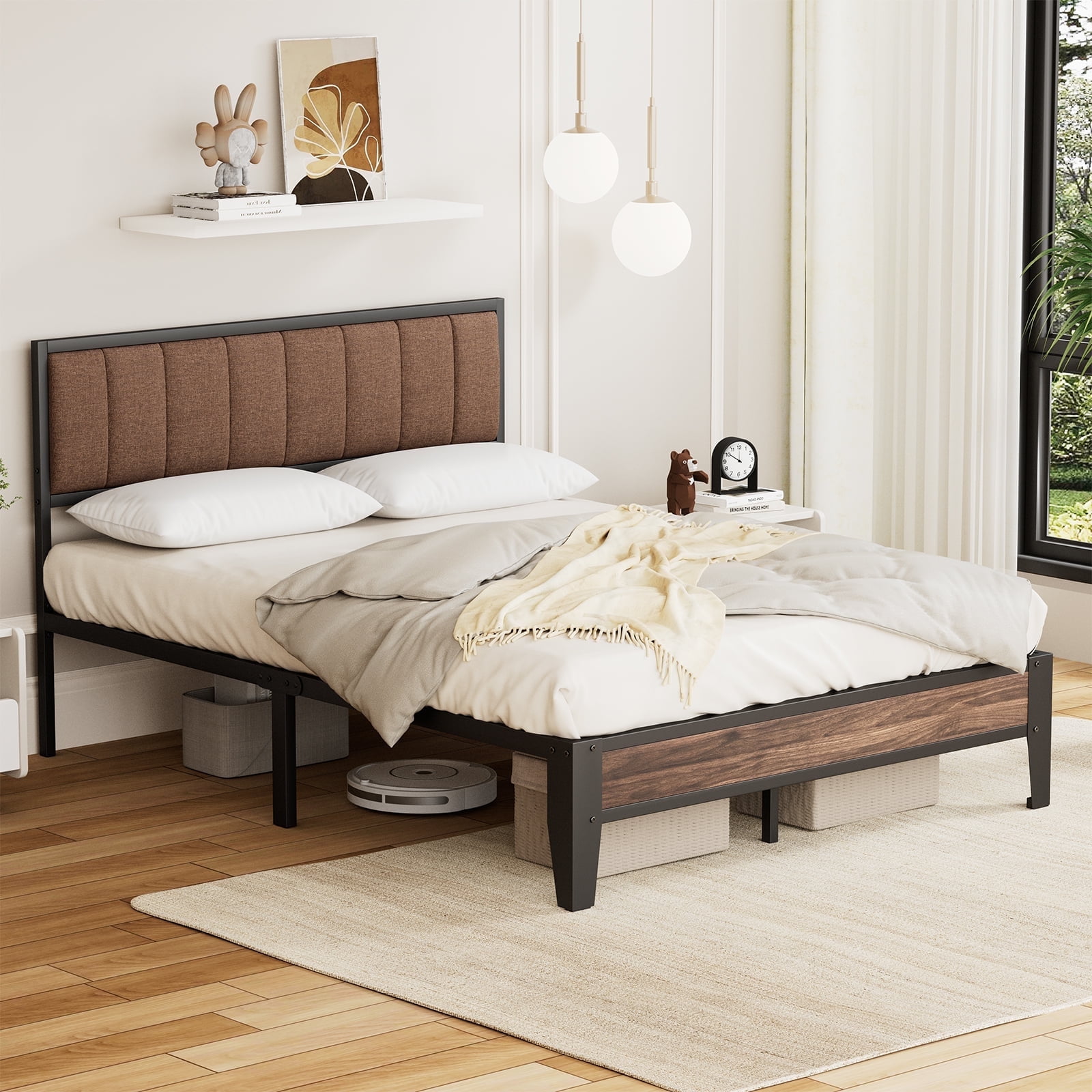 Lusimo Full Size Platform Metal Bed Frame with Upholstered Headboard and Under-Bed Storage No Box Spring Needed, Brown