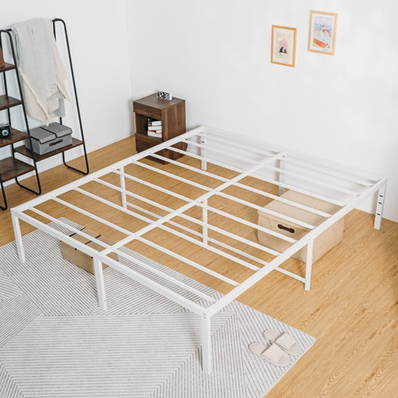 Lusimo King Bed Frame 18 inch Heavy Loading Steel Slat and Anti-Slip Support Easy Quick Lock Assembly Metal Platform Bed Frame No Box Spring Needed King Size, White