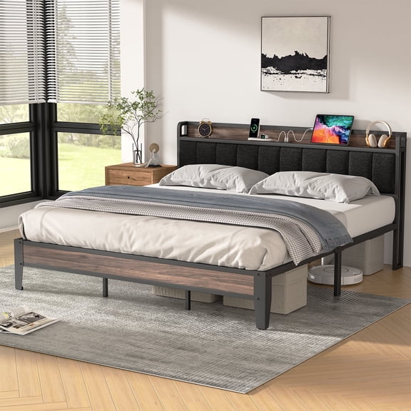 Lusimo King Bed Frame with Headboard and Charging Station, Modern Fabric Upholstered Metal Platform Bed Frame with Headboard Storage Shelf No Box Spring Needed, Black