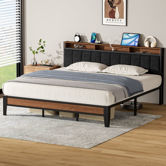 Lusimo King Bed Frame with Headboard and Charging Station, Modern Fabric Upholstered Metal Platform Bed Frame with Headboard Storage Shelf No Box Spring Needed, Black