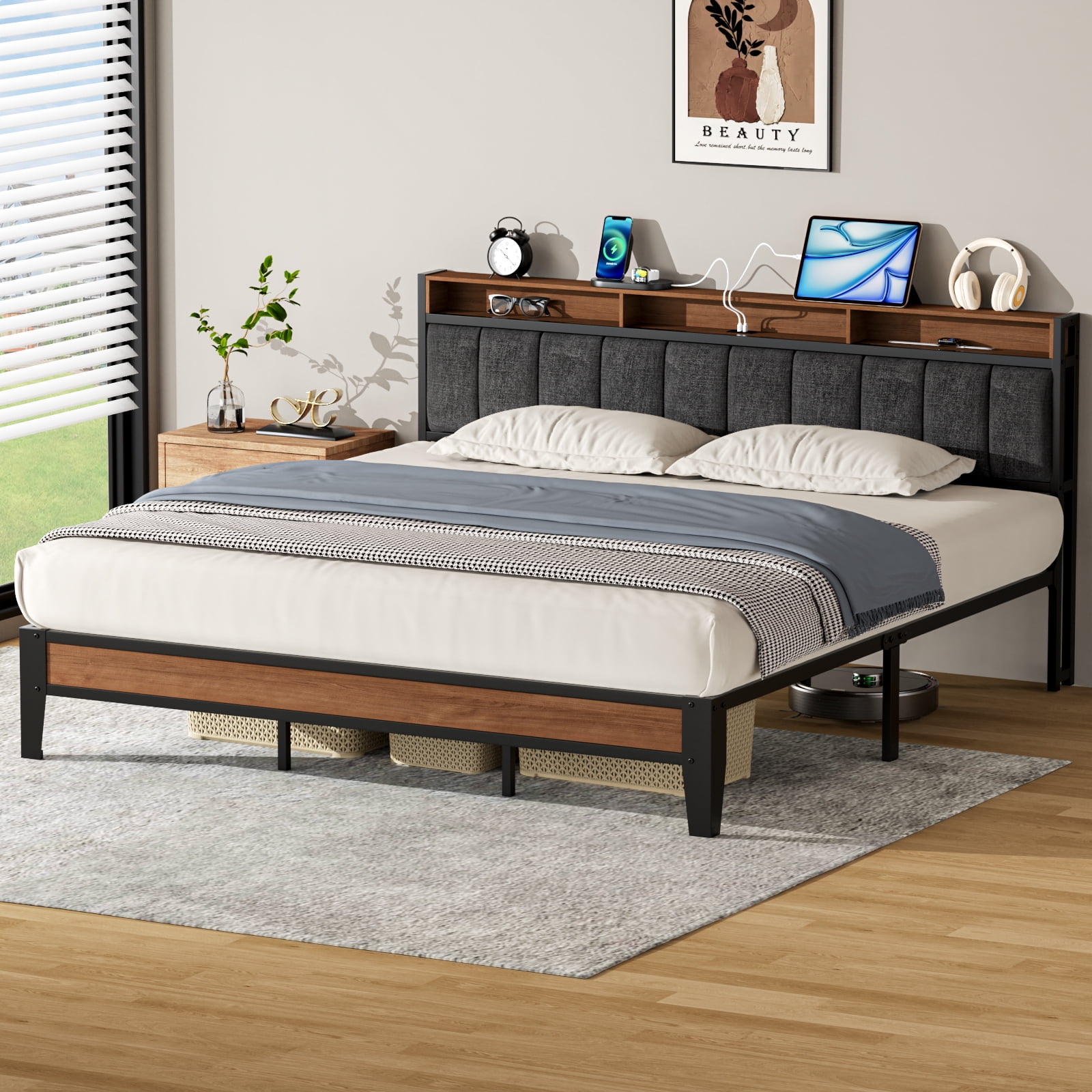 Lusimo King Bed Frame with Headboard and Charging Station, Modern Fabric Upholstered Metal Platform Bed Frame with Headboard Storage Shelf No Box Spring Needed, Dark Gray