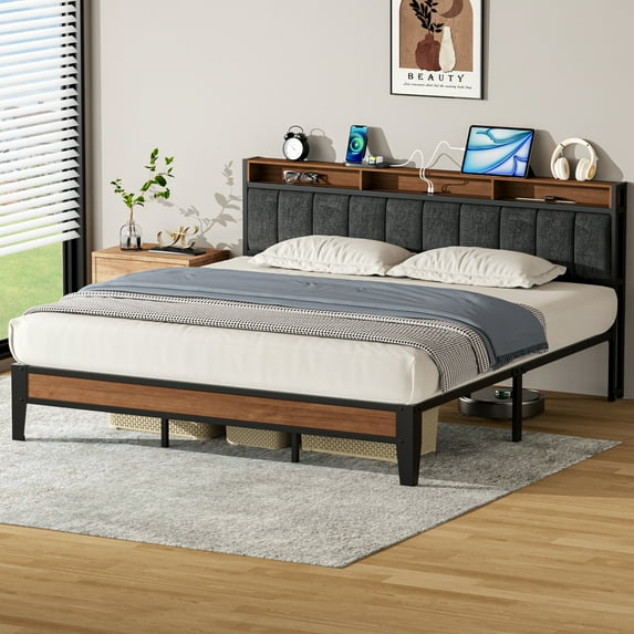 Lusimo King Bed Frame with Headboard and Charging Station, Modern Fabric Upholstered Metal Platform Bed Frame with Headboard Storage Shelf No Box Spring Needed, Dark Gray
