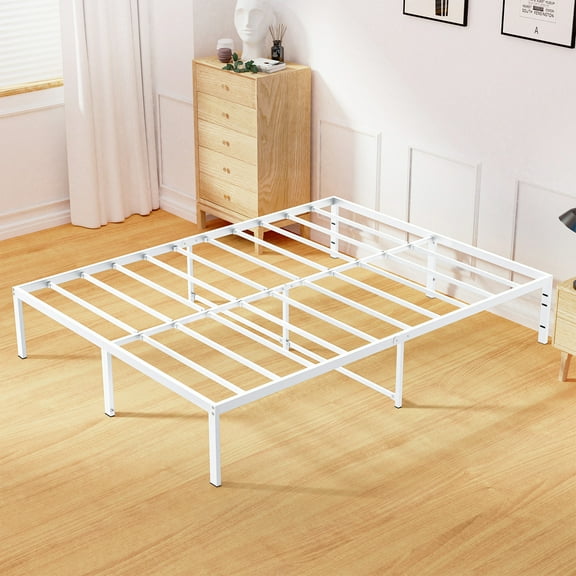 Lusimo King Size Bed Frame No Box Spring Needed Heavy Duty 14 Inch Metal Platform Bed Frame King Anti Slip Support Easy Lock Assembly, White