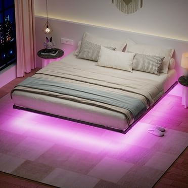 Lusimo King Size Floating Bed Frame with LED Lights 10 Inch Under Bed Storage Metal Platform Bed Frames with Steel Slat Support Anti-Slip Easy Assembly, Black