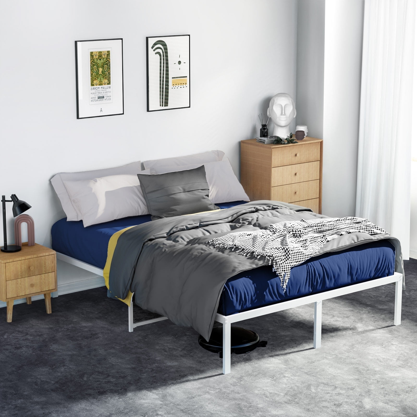 Lusimo Queen Bed Frame Heavy Duty Steel Slats Metal Platform Bed Frame 14" Noise Free Mattress Foundation Bed Base, White