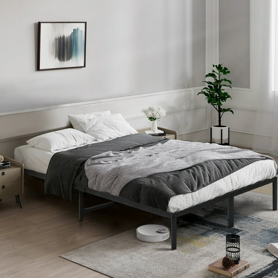 Lusimo Queen Bed Frame No Box Spring Needed 14 inch Heavy Duty Metal Platform Steel Support Non-Slip Noise Free Mattress Foundation Bed Base, Black
