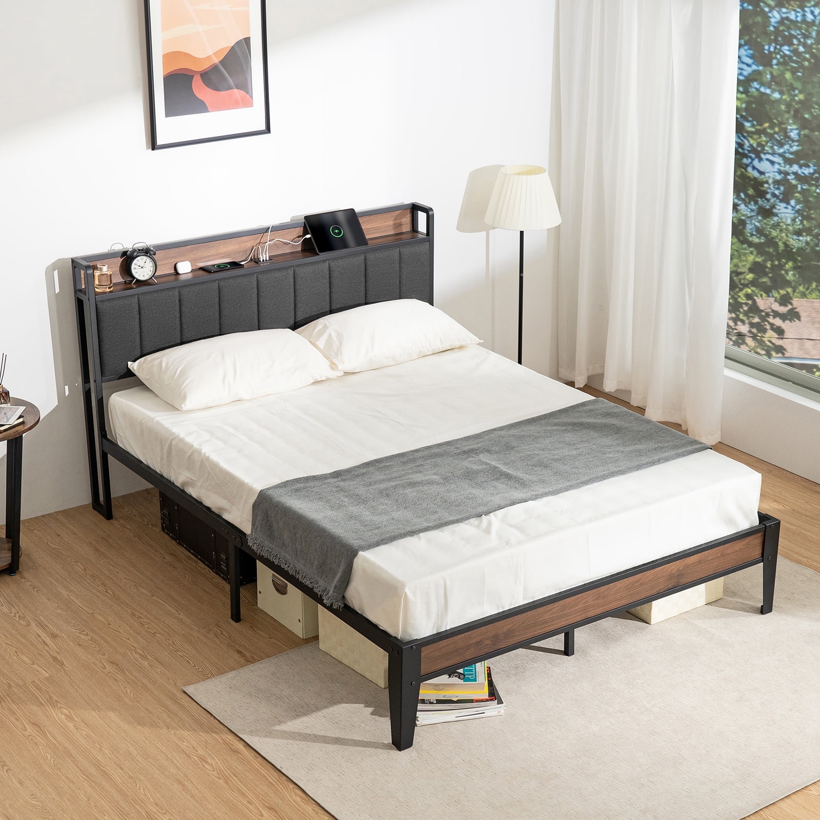 Lusimo Bed Frame Queen, Metal Platform Bed with Fabric Upholstered