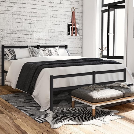 Lusimo Queen Bed Frame with Square Frame Headboard and Footboard 14 Inch Heavy Duty Metal Slat Mattress Foundation Bed Easy Assembly, Black