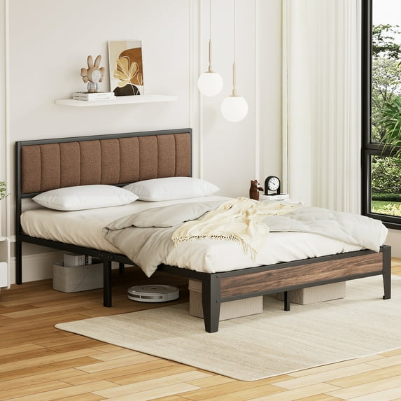 Lusimo Queen Size Platform Metal Bed Frame with Upholstered Headboard and Under-Bed Storage No Box Spring Needed, Brown