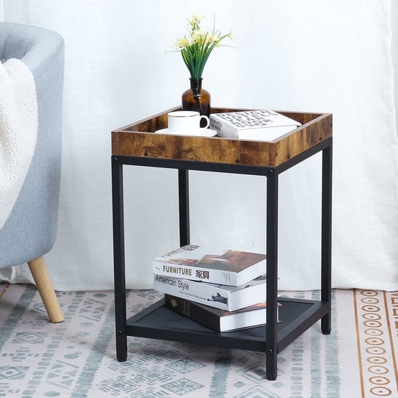 Lusimo Space-Saving Square Metal Coffee Table with Mesh Shelf, Brown