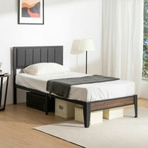 Lusimo Twin Bed Frame with Soft Fabric Upholstered Headboard, Metal Platform Bed for Kids with Extra Wide Metal Support Legs and Under Bed Storage, Dark Gray