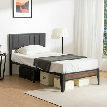 Lusimo Twin Bed Frame with Soft Fabric Upholstered Headboard, Metal Platform Bed for Kids with Extra Wide Metal Support Legs and Under Bed Storage, Dark Gray