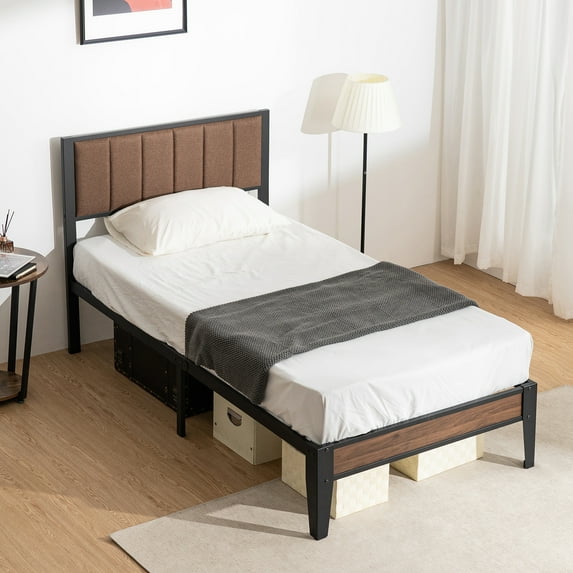 Lusimo Twin Bed Frame with Fabric Upholstered Headboard Metal Platform Bed No Box Spring Needed, Brow