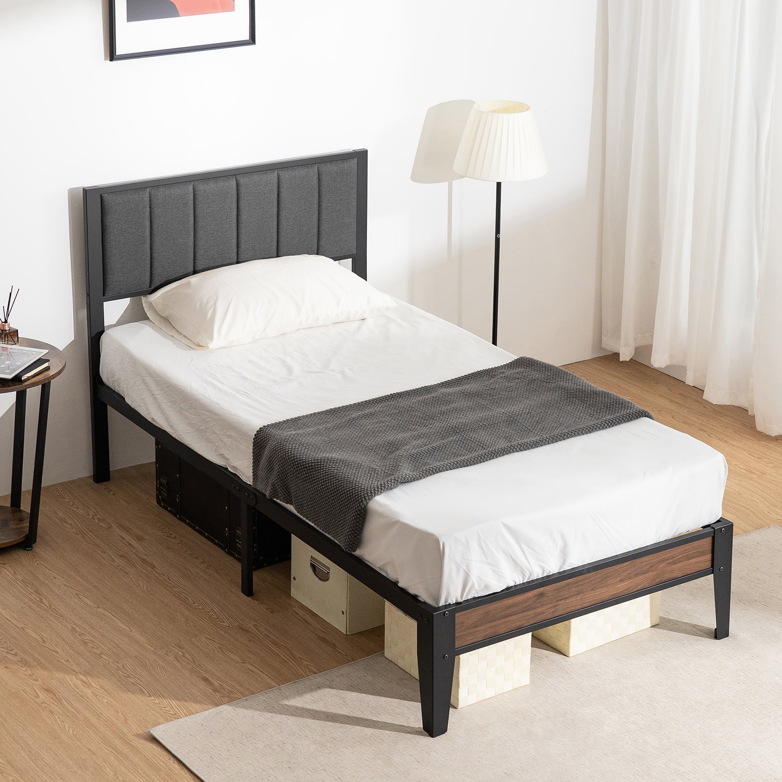 Lusimo Bed Frame Twin, Metal Platform Bed with Fabric Upholstered Headboard No Box Spring Needed Easy Assembly, Dark Gray