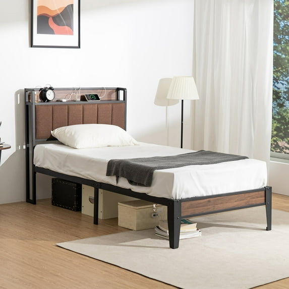 Lusimo Twin Bed Frame with Fabric Upholstered Headboard and Charging Station Metal Platform Bed No Box Spring Needed, Brown