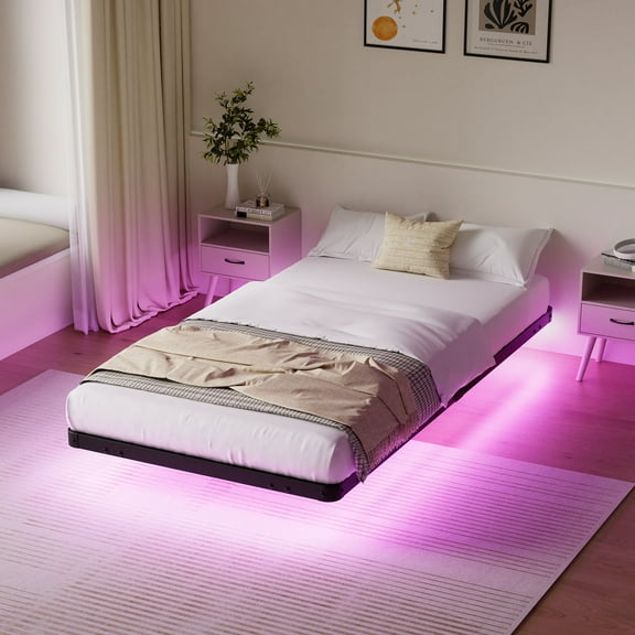 Lusimo Twin Size Floating Bed Frame with LED Lights and Mattress Slip Guard, Metal Platform Bed Frames Twin with Steel Slat Support, No Box Spring Needed, Black