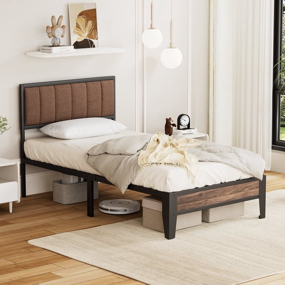 Lusimo Twin Size Platform Metal Bed Frame with Upholstered Headboard and Under-Bed Storage No Box Spring Needed, Brown
