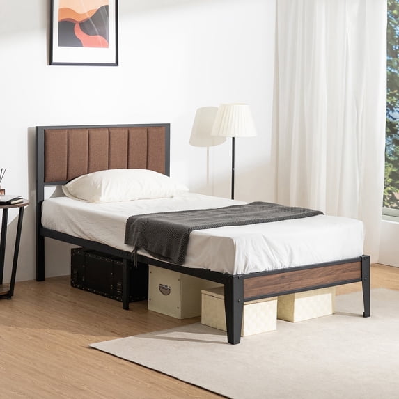 Lusimo Twin XL Bed Frame with Soft Fabric Upholstered Headboard, Metal Platform Bed for Adults with Extra Wide Metal Support Legs and Under Bed Storage, Brown