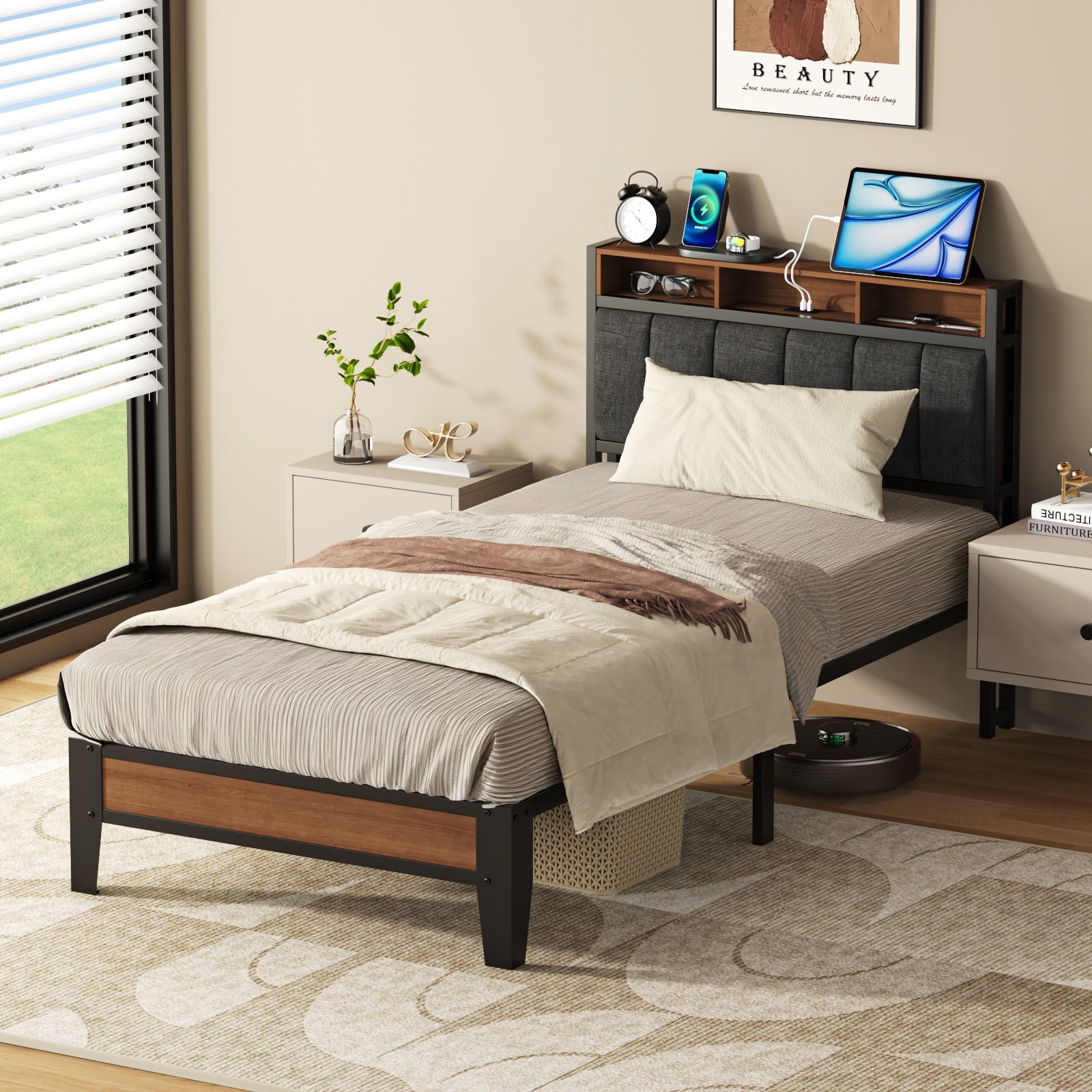 Lusimo Bed Frame Twin XL, Metal Platform Bed Frame with Fabric Upholstered Headboard and Charging Station No Box Spring Needed Easy Assembly, Gray