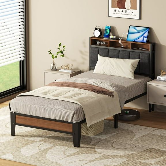 Lusimo Bed Frame Twin XL, Metal Platform Bed Frame with Fabric Upholstered Headboard and Charging Station No Box Spring Needed Easy Assembly, Gray