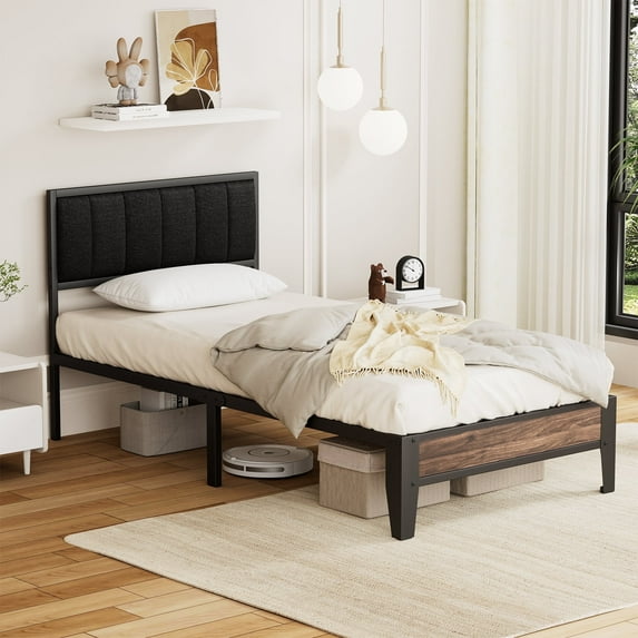 Lusimo Twin XL Platform Metal Bed Frame with Upholstered Headboard and Under-Bed Storage No Box Spring Needed, Black