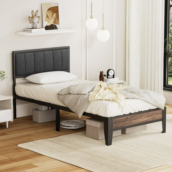 Lusimo Twin XL Platform Metal Bed Frame with Upholstered Headboard and Under-Bed Storage No Box Spring Needed, Dark Gray