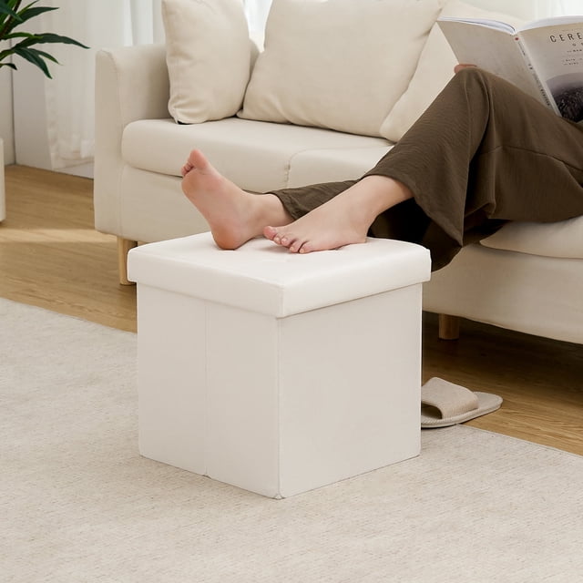 Lusimo Velvet Ottoman Foot Rest with Storage 15" Small Footstool with 397 lb Capacity Folding Storage Bench for Living Room, Bedroom, Entryway, Beige