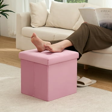 Lusimo Velvet Ottoman Foot Rest with Storage 15" Small Footstool with 397 lb Capacity Folding Storage Bench for Living Room Bedroom Entryway, Pink