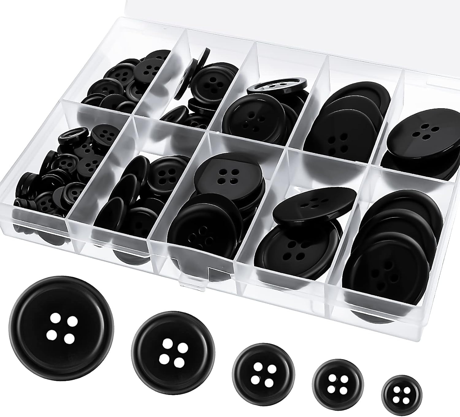 Lusofie 100Pcs Black Buttons Round Resin Buttons For Sewing 4-Hole Mixed Buttons For Crafts Suit Coat Shirt DIY With Compartment Storage Box(5 Sizes)
