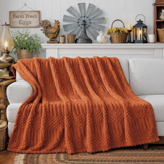 Lussena Home 300GSM 3D Textured Fleece Throw Blanket, Soft Plush Cozy Blanket for Couch, Sofa and Bed, 50" x 60", Rust